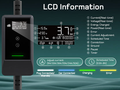 Dé EV Oplader 3.7kW | Schuko | Type 2 | Draagbaar | Instelbaar 6A-16A | 7-25m kabel